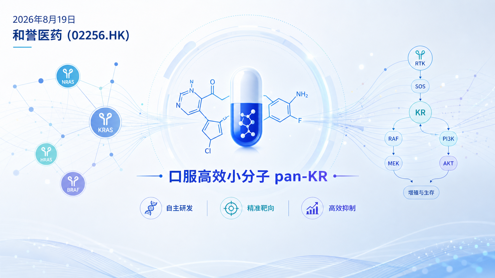 2026年8月19日资讯,和誉医药(02256.HK)宣布其自主研发的口服高效小分子pan-KRAS抑制剂ABSK211,新药临床试验(IND)申请已获国家药品监督管理局(NMPA)批准,用于治疗携带KRAS基因改变的晚期实体瘤。这是继7月8日获美国FDA的IND批准后,该药在中国拿下的又一关键里程碑。临床前数据显示其对KRAS G12D、G12C、G12V、G13D及KRAS野生型扩增等多种改变均具广谱抑制活性,有望成为新一代pan-KRAS赛道的潜力选手。