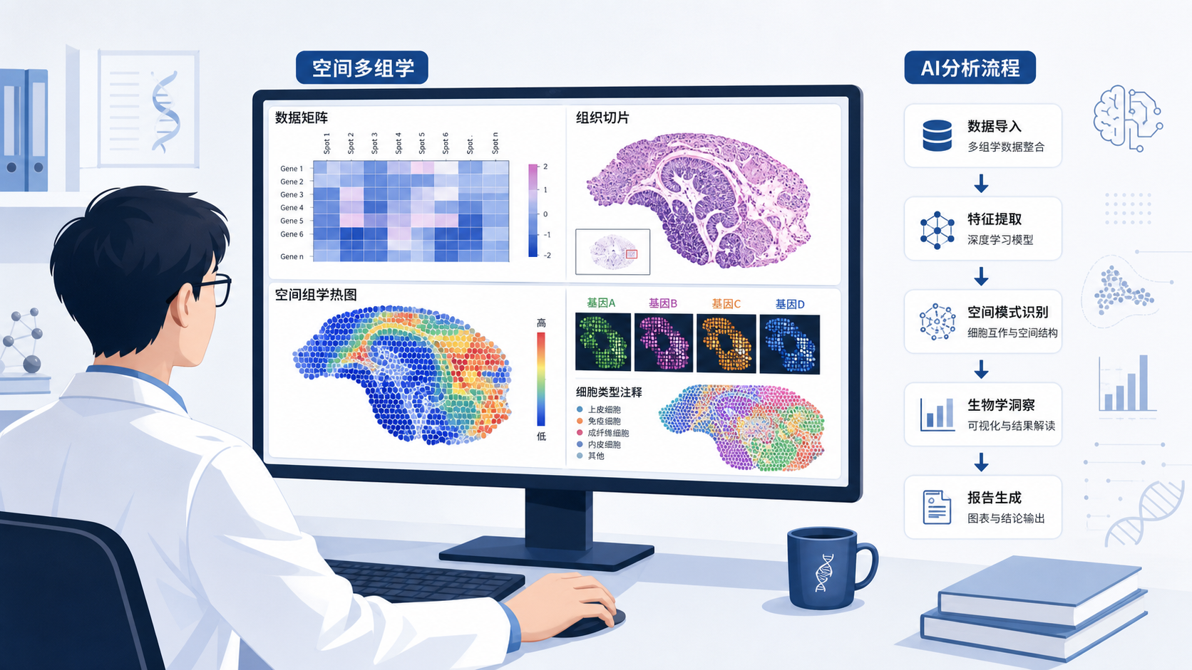 科研人员在电脑前处理空间多组学数据,旁边展示数据矩阵、组织切片图和AI工作流界面