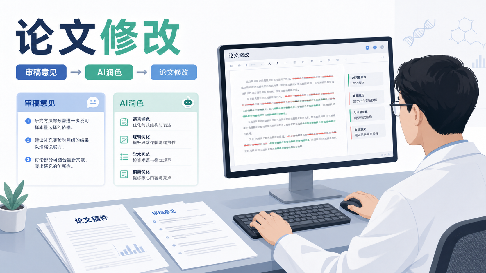 科研人员在电脑前对照论文稿件、审稿意见和AI润色界面,画面专业、克制,突出论文修改场景。