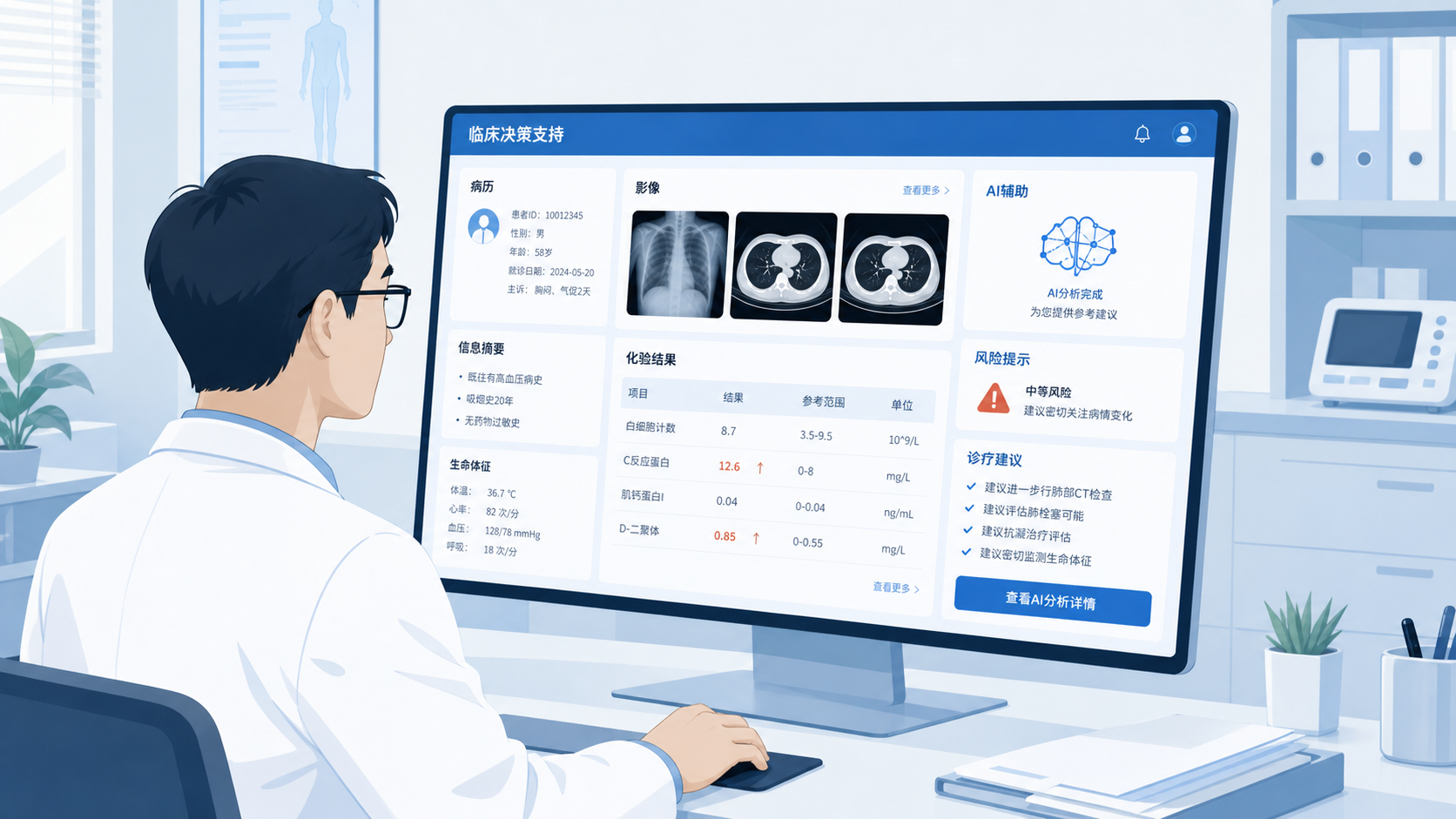医院门诊场景中，医生在电脑前查看患者病历、影像和AI辅助提示界面，突出临床决策支持系统的应用场景