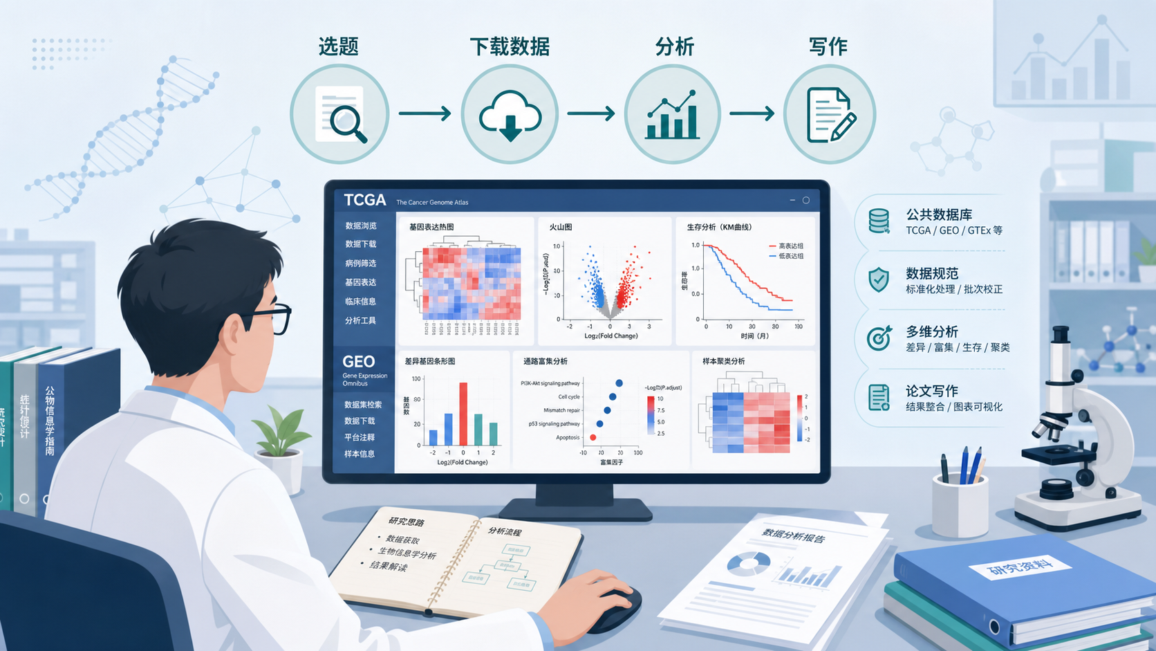 一位科研人员在电脑前分析TCGA、GEO等公共数据库，旁边显示流程图：选题、下载数据、分析、写作、投稿