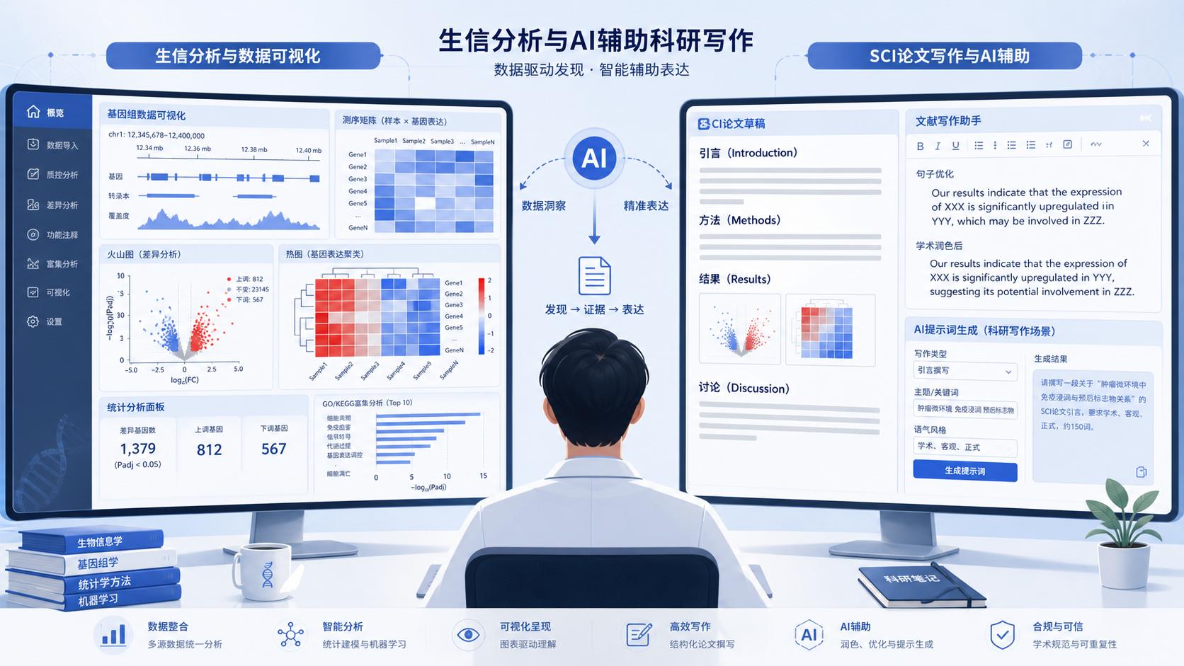 一位生信分析师面对电脑屏幕，左侧是基因组数据和火山图，右侧是SCI论文草稿和AI提示词界面，突出“数据到论文”的写作场景。