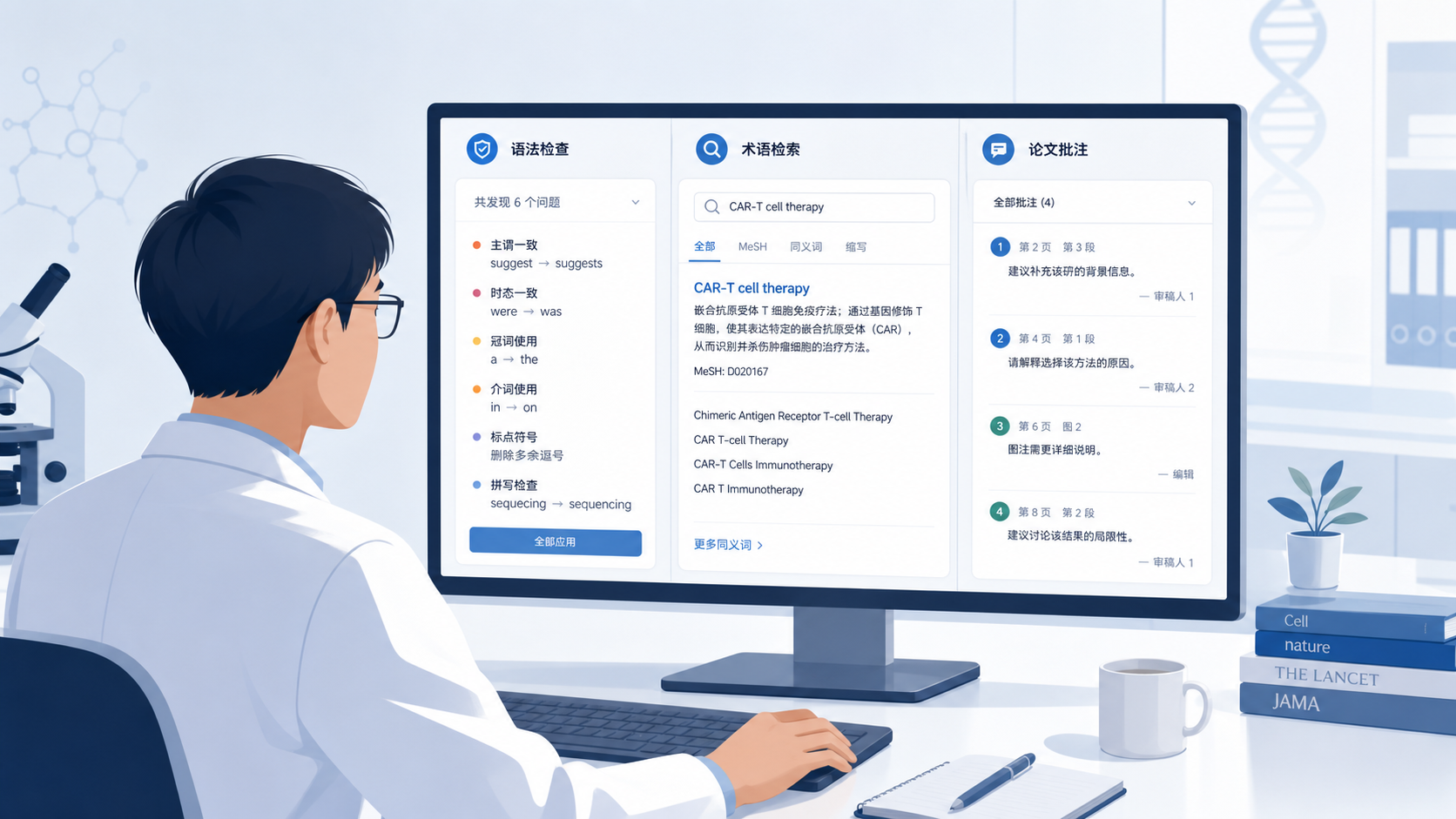 一位研究人员在电脑前修改SCI稿件,屏幕上显示语法检查、术语检索和论文批注界面,整体风格专业简洁。