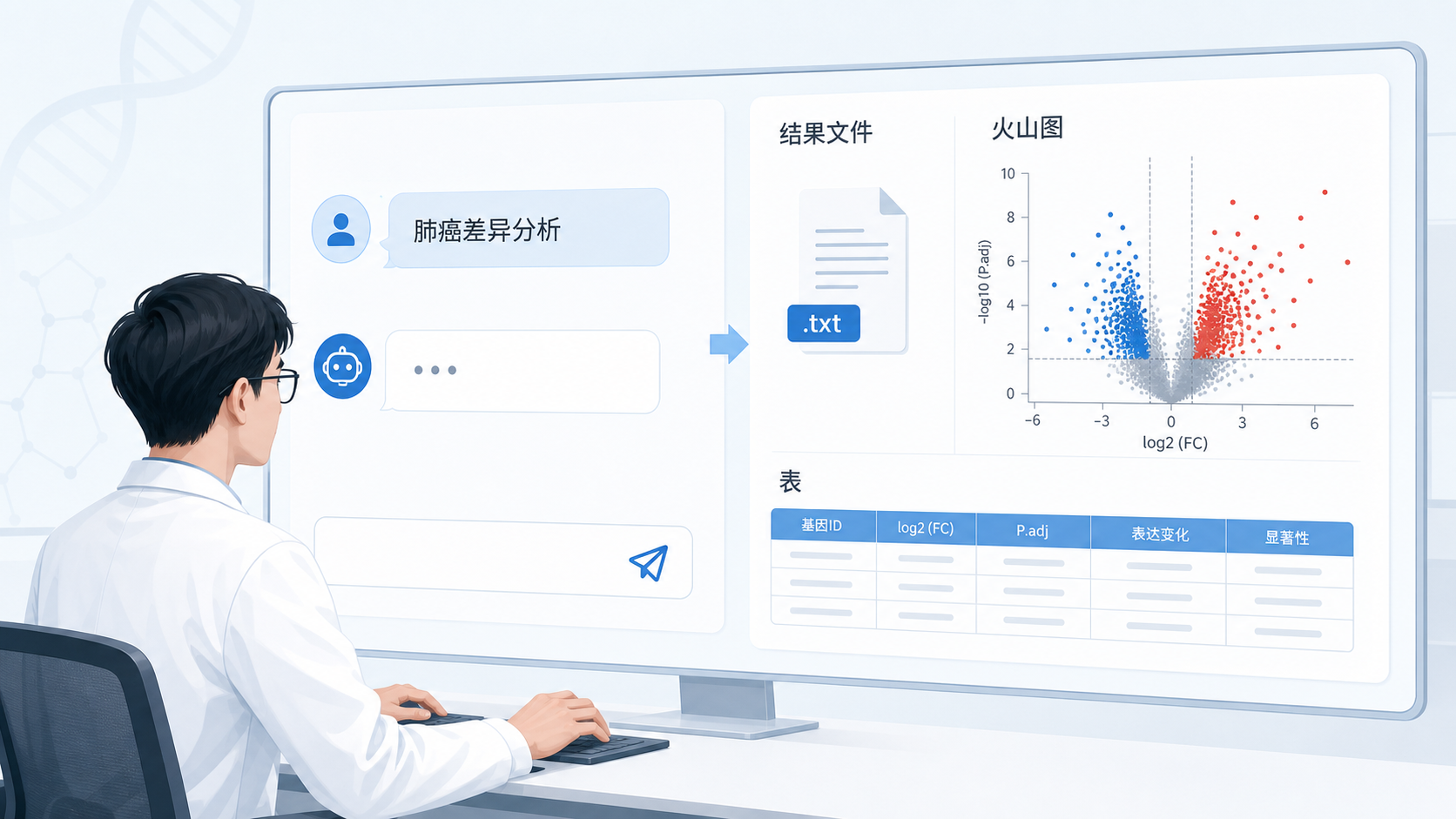 一位研究人员在电脑前,通过自然语言界面提交“肺癌差异分析”任务,右侧自动生成结果文件、火山图和表格的示意图