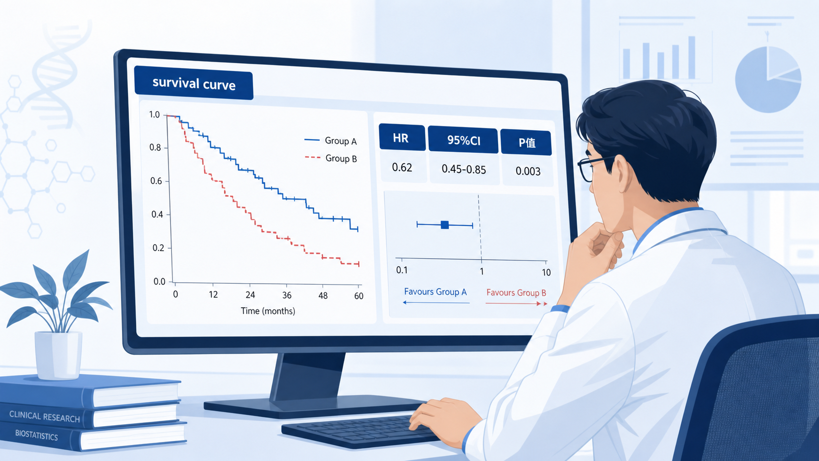 医学研究者在电脑前查看生存曲线和统计结果,旁边显示HR、95%CI和P值的分析界面