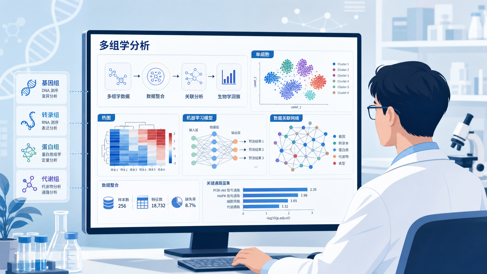 科研人员在电脑前查看多组学数据可视化界面,背景包含流程图、热图、单细胞和机器学习模型示意图,体现生信自动化与SCI发表策略变化。