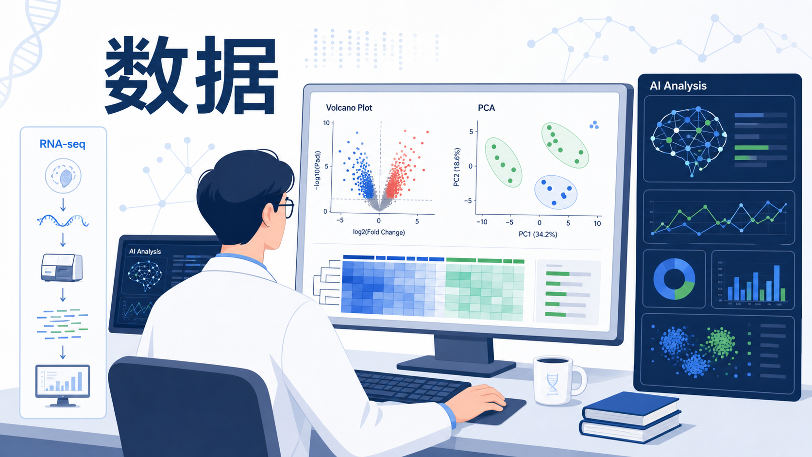 科研人员在电脑前处理转录组学数据，旁边展示RNA测序、火山图、PCA图和AI分析界面，强调“数据分析加速”的场景