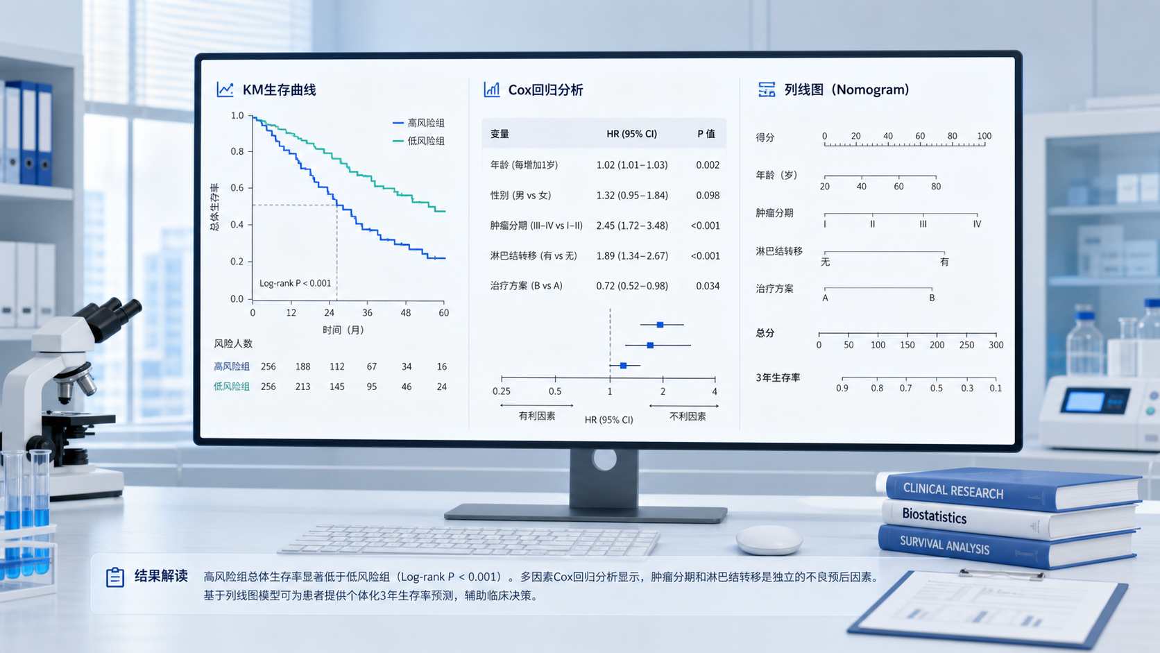 临床研究数据分析场景，屏幕上显示KM曲线、Cox回归表和列线图，背景为医院或实验室环境