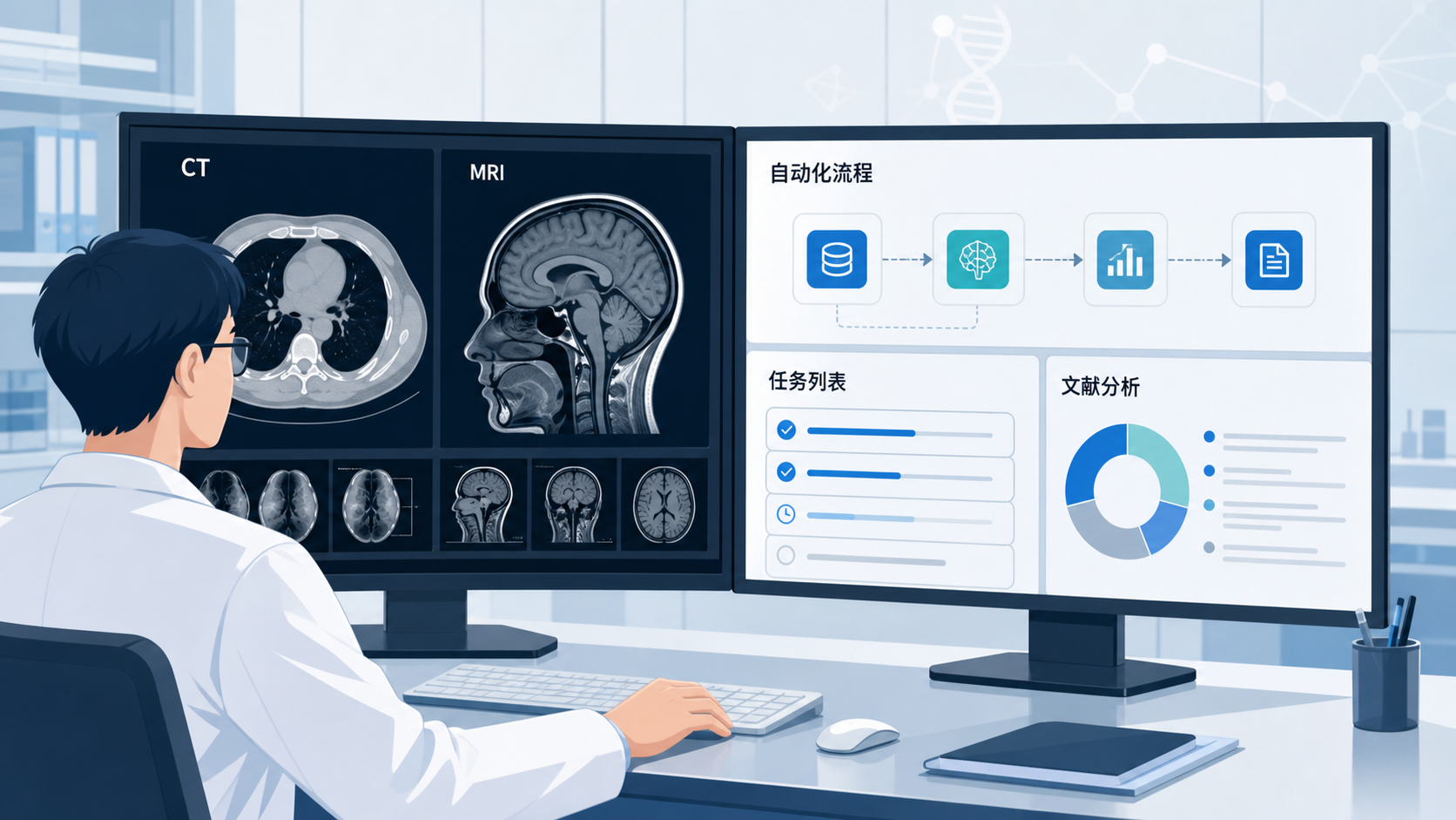 一位医学科研人员在电脑前处理CT和MRI影像数据,屏幕上显示自动化流程、任务列表和文献分析界面