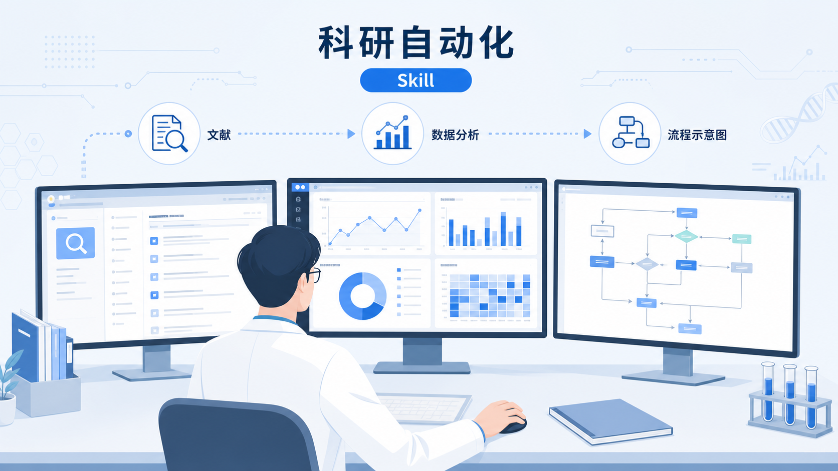 一位科研人员在电脑前同时打开文献、数据分析界面和流程示意图,画面突出“科研自动化”和“Skill定制”概念