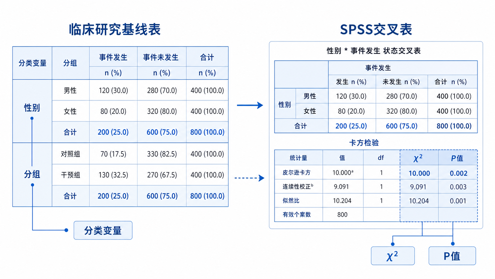 临床研究基线表与SPSS交叉表输出结果的对比示意图，突出分类变量、卡方值和P值