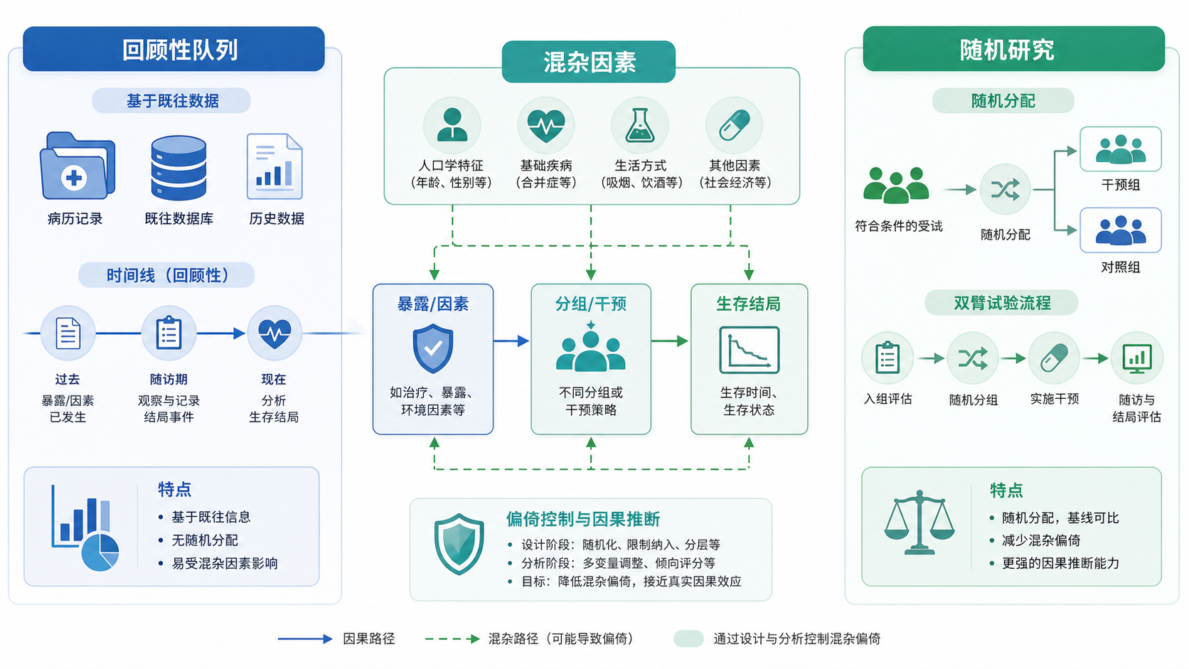 临床研究设计示意图,左侧为回顾性队列,右侧为随机研究,中间突出混杂因素影响生存结局的路径图。