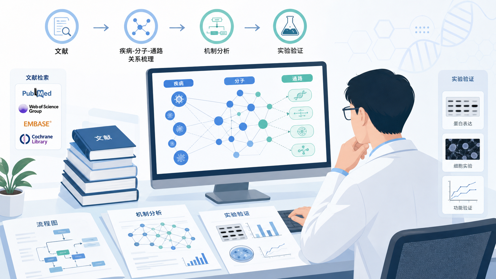 科研人员在电脑前梳理疾病-分子-通路关系图,旁边有文献、流程图和实验验证示意图