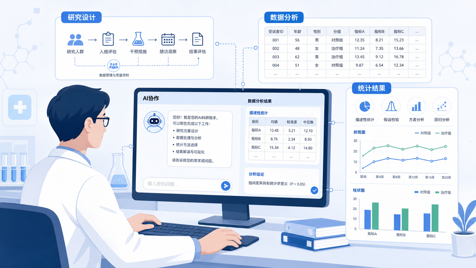 一位临床研究人员在电脑前与AI界面协作,旁边展示研究设计流程图、数据表和统计分析图标,整体风格专业、简洁。