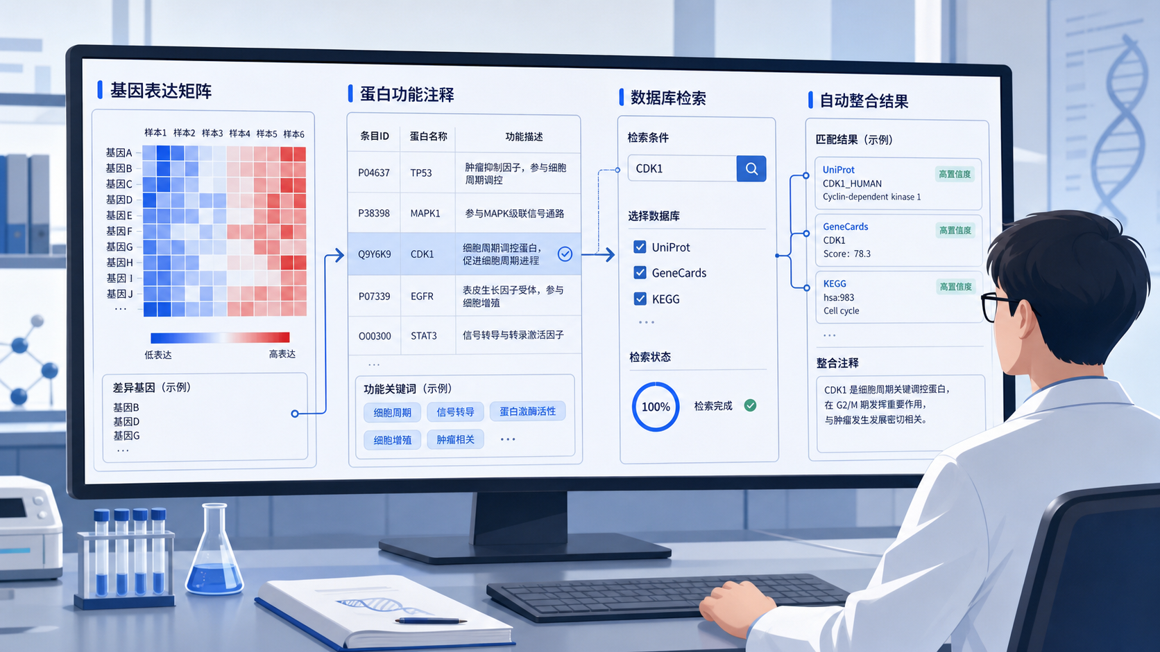 科研人员在电脑前同时查看基因表达矩阵、蛋白功能注释表和数据库检索界面,突出自动化检索与结果整合