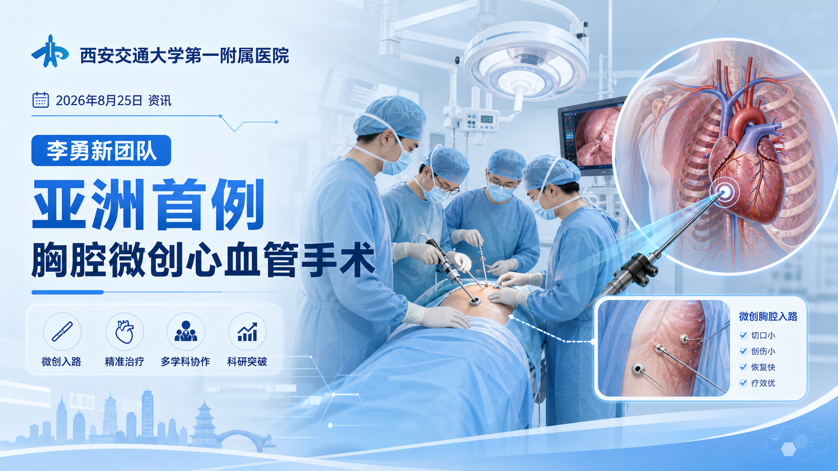 2026年8月25日资讯,西安交通大学第一附属医院心血管外科李勇新团队近日成功完成亚洲首例"胸腔镜辅助经肋间小切口微创免缝合 Bentall(主动脉根部替换)手术"。该术式融合微创入路与免缝合瓣膜两大核心技术,为高龄、多基础疾病、复杂主动脉根部病变的高危患者开辟了全新的微创救治路径。