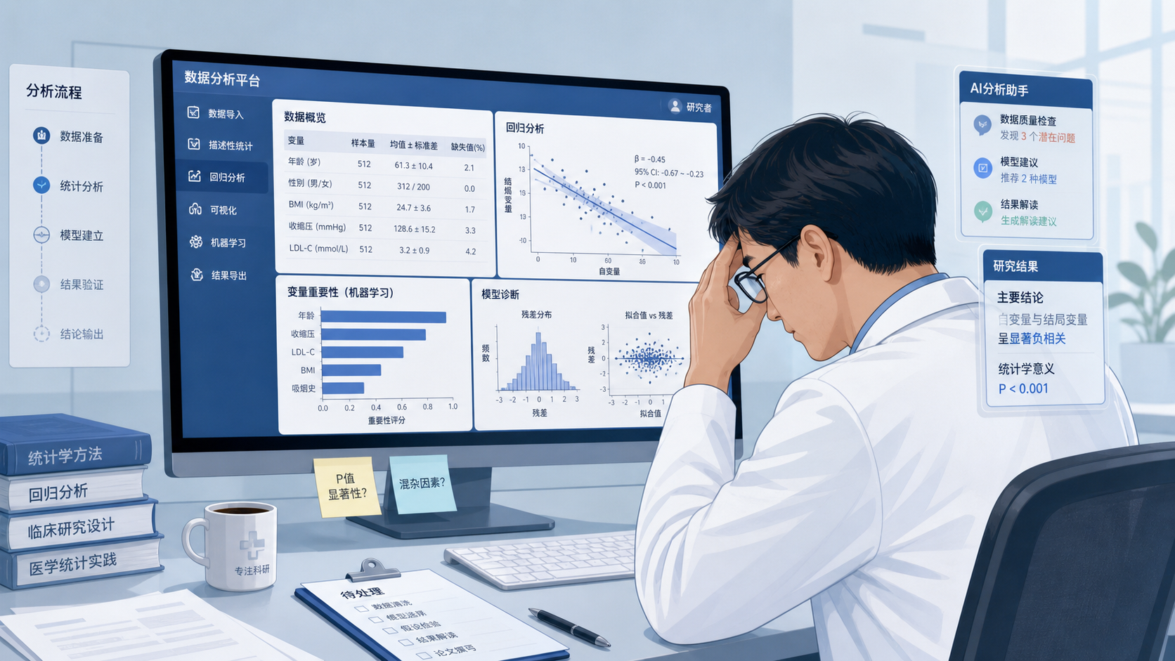 临床科研工作场景,医生面对电脑上的数据表、统计图和AI分析界面,画面突出“数据分析”“统计焦虑”“AI辅助科研”主题