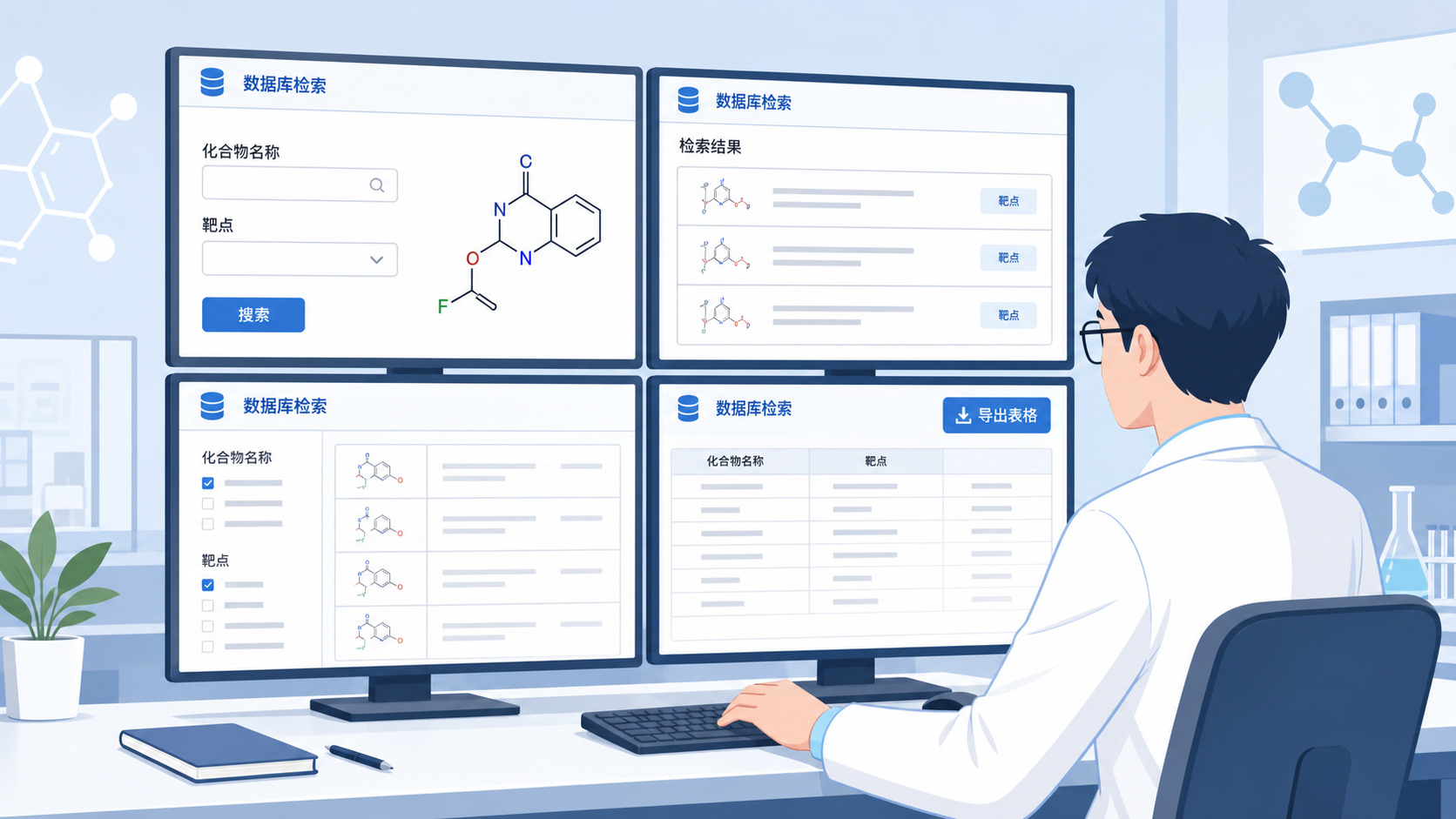 科研人员在电脑前同时打开多个化合物数据库界面,屏幕上显示化合物名称、靶点和导出表格,体现信息检索流程繁琐与自动化整合。