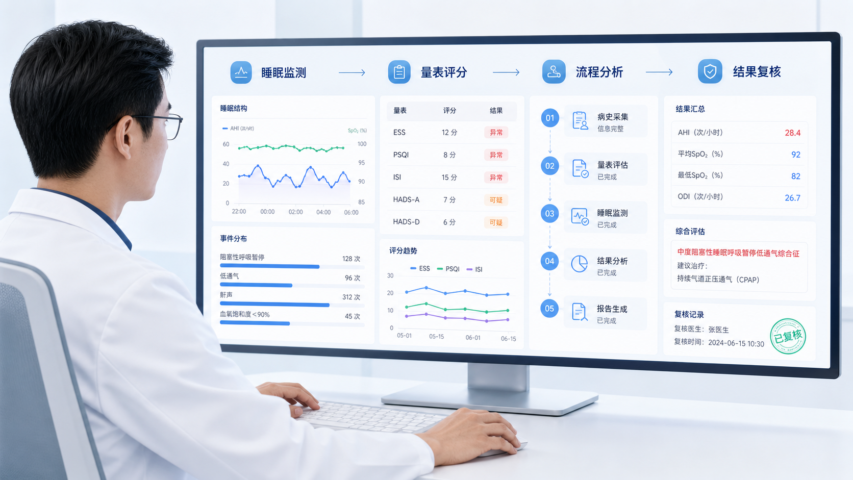 一位临床医生在电脑前查看睡眠监测数据、量表评分和流程化分析界面，画面突出“高效、规范、可复核”的科研工作场景
