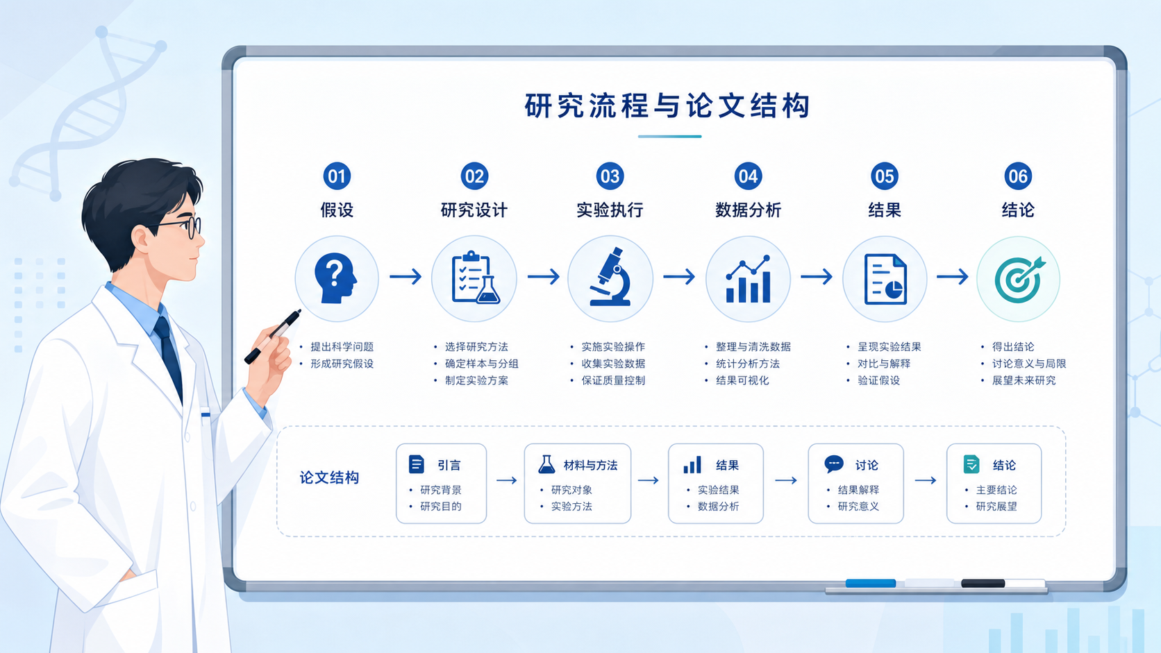 科研人员在白板前梳理研究假设、实验设计和论文结构的流程图,突出从假设到结论的逻辑链条
