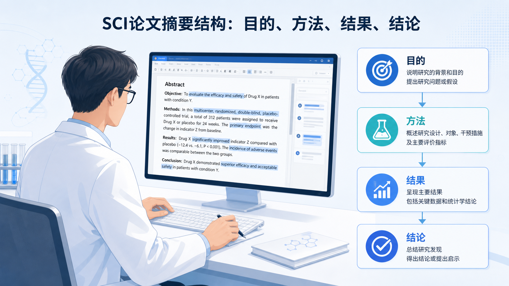 一位科研人员在电脑前修改SCI论文摘要，旁边显示“目的、方法、结果、结论”四个模块的结构示意图