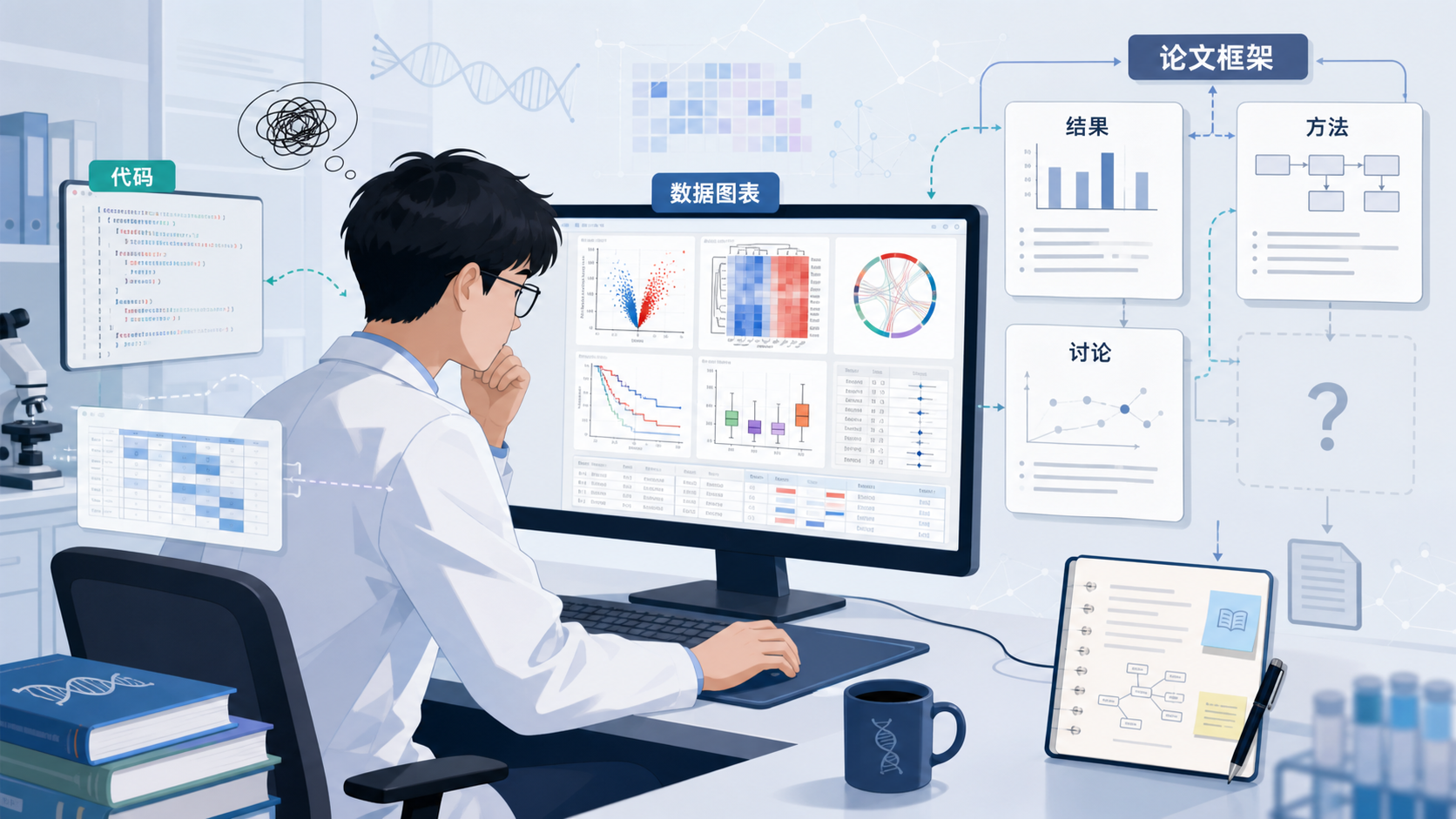 医学生或科研人员对着电脑整理生信分析结果,旁边是论文框架、代码和数据图表,体现“分析会做但写不出来”的场景
