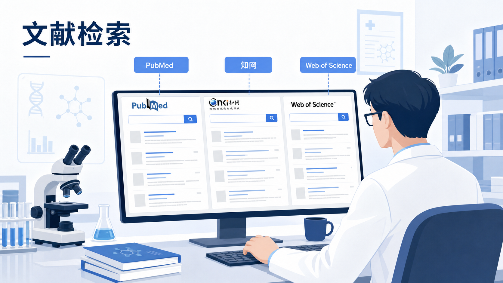 一位医学科研人员在电脑前同时查看PubMed、知网、Web of Science等检索界面,画面强调多平台检索整合与效率提升。