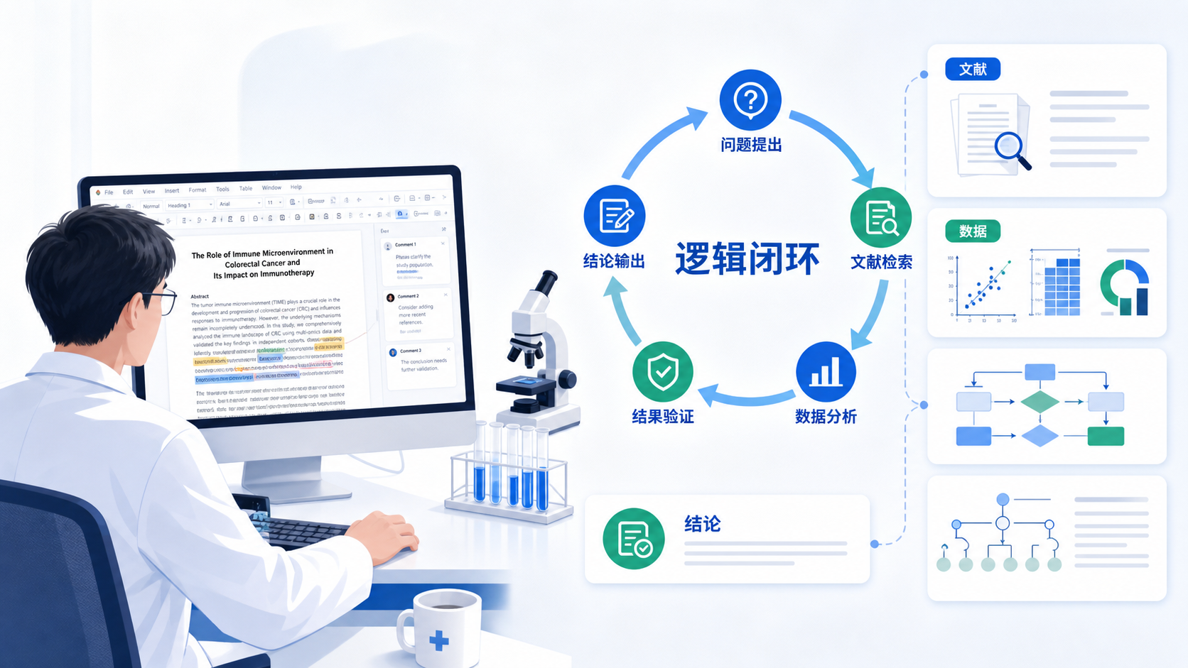 医学科研人员在电脑前修改SCI论文,旁边显示文献、数据图表和逻辑结构框架图,突出“逻辑闭环”和“专业严谨”主题