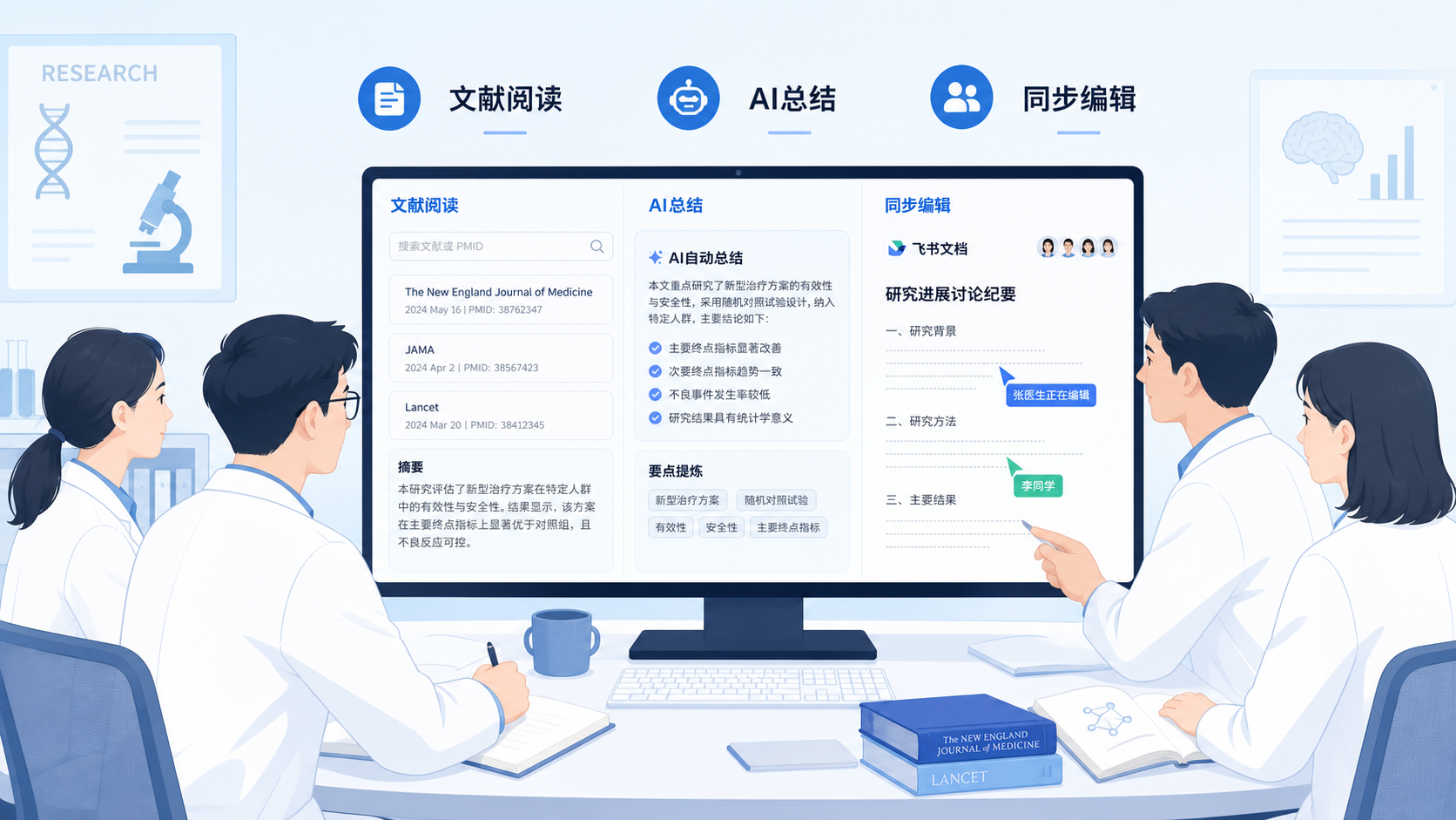 科研团队成员围绕电脑协作,界面展示文献阅读、AI总结和飞书文档同步编辑的场景