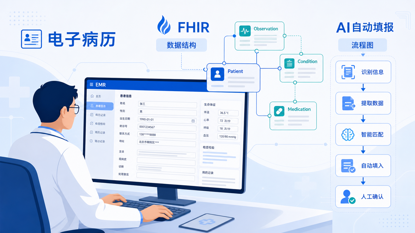 医生在电脑前操作电子病历系统,旁边叠加FHIR数据结构示意图和AI自动填报流程图