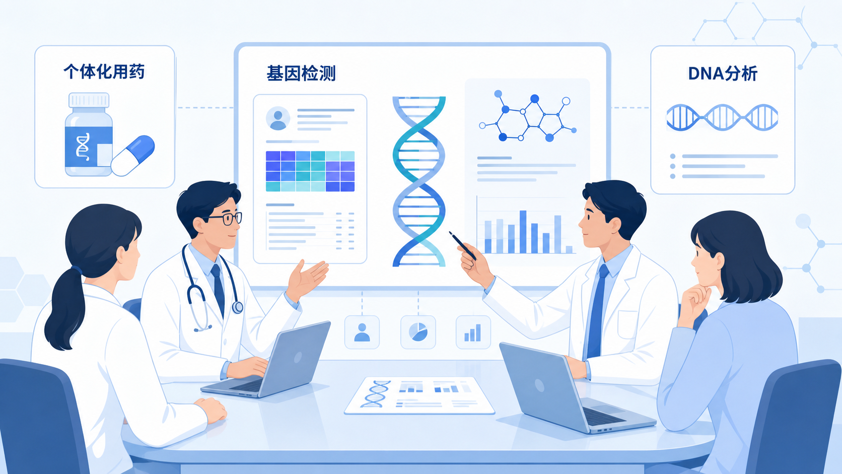 临床医生与科研人员围绕基因检测结果、药物和DNA双螺旋图谱讨论个体化用药，画面专业、简洁。