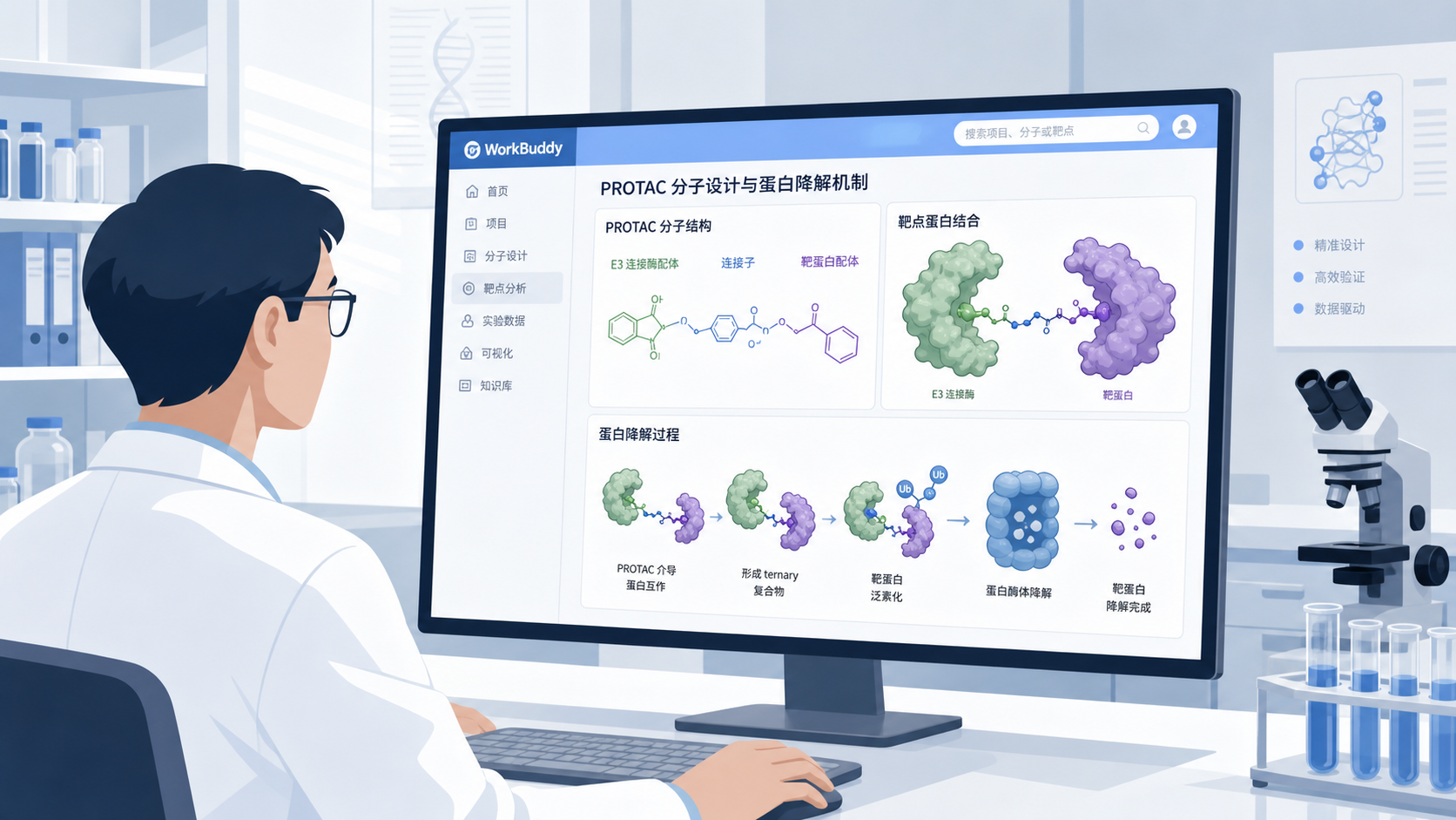 科研人员在电脑前使用 WorkBuddy 平台,屏幕展示 PROTAC 分子结构、靶点蛋白和降解路径的整合式工作界面