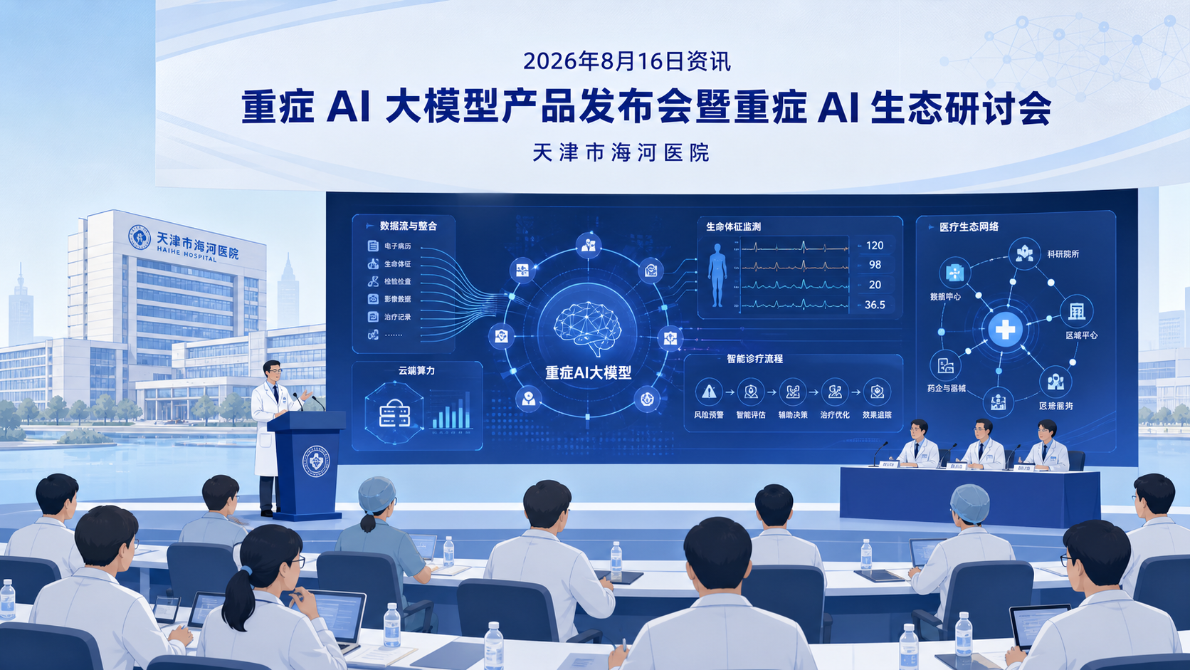 2026年8月16日资讯,重症 AI 大模型产品发布会暨重症 AI 生态研讨会"在天津市海河医院举行。会上,天津市海河医院、卫宁健康与国家超算天津中心联合发布重症垂直大模型及重症 AI 应用系统,并正式启动"海河医院-卫宁健康-超算中心重症 AI 联合创新基地",标志着天津在重症医学人工智能产学研一体化建设上迈出关键一步。