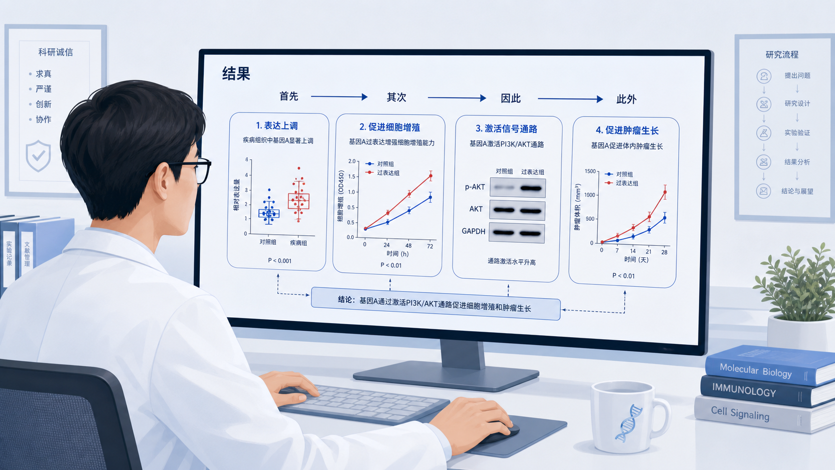 一位科研人员在电脑前修改SCI论文,屏幕上显示结果段落之间用箭头和逻辑连接词串联的结构图