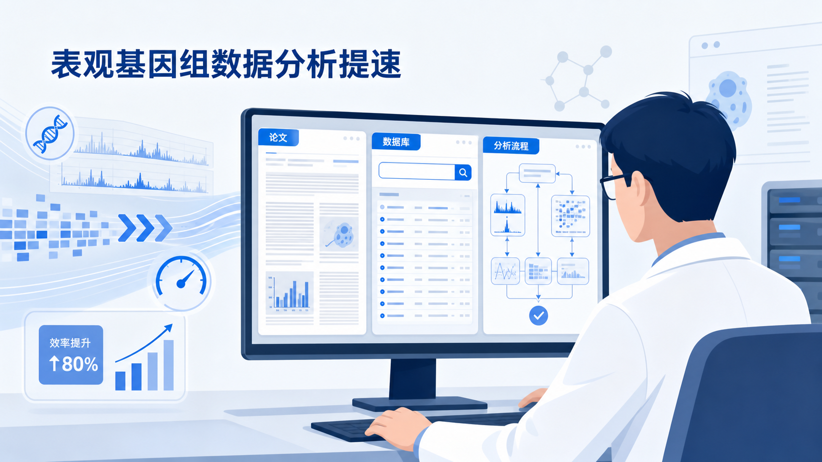 一位科研人员在电脑前同时打开论文、数据库页面和分析流程图,画面突出“表观基因组数据分析提速”主题