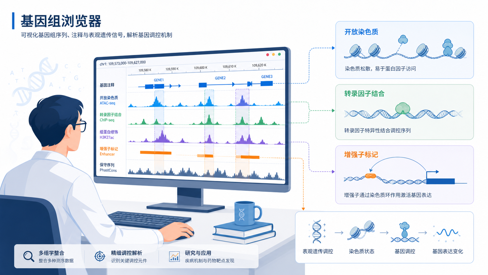 科研人员在电脑前分析基因组浏览器界面，旁边叠加染色质开放区、转录因子结合和增强子标记示意图。