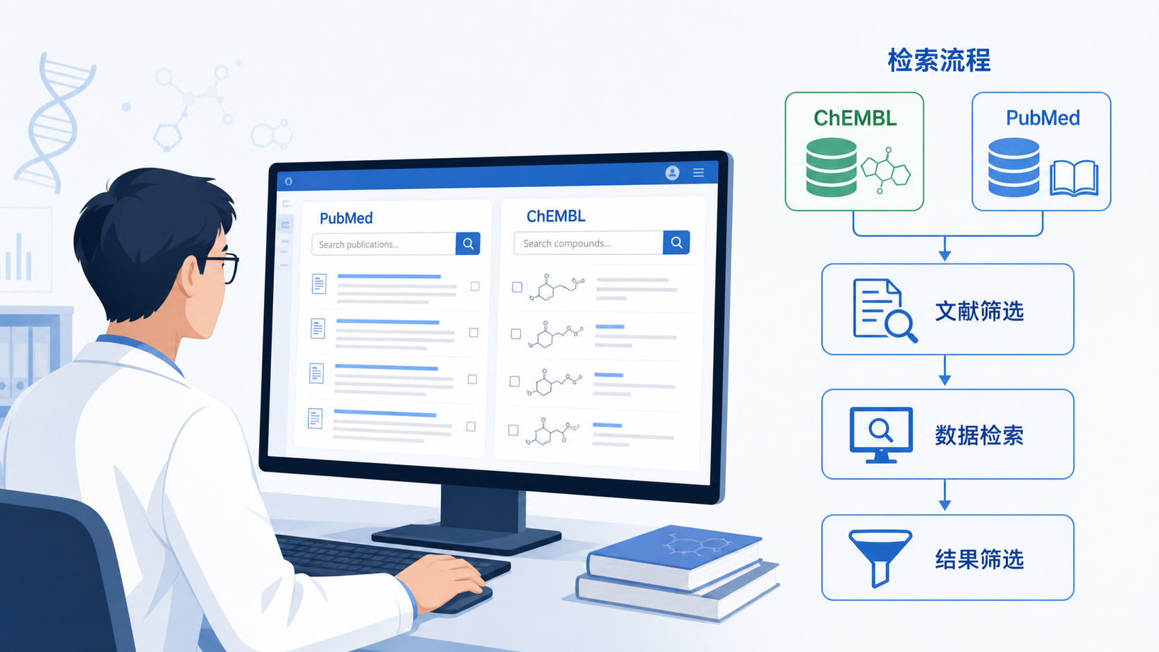 科研人员在电脑前操作数据库检索界面，旁边展示ChEMBL、PubMed和文献筛选流程示意图，突出高效检索与数据整理场景