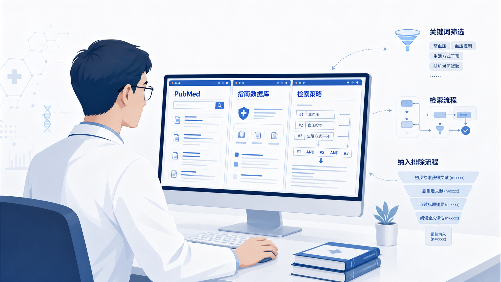 一位医生在电脑前同时打开PubMed、指南数据库和检索策略文档,屏幕上显示关键词筛选与检索流程。