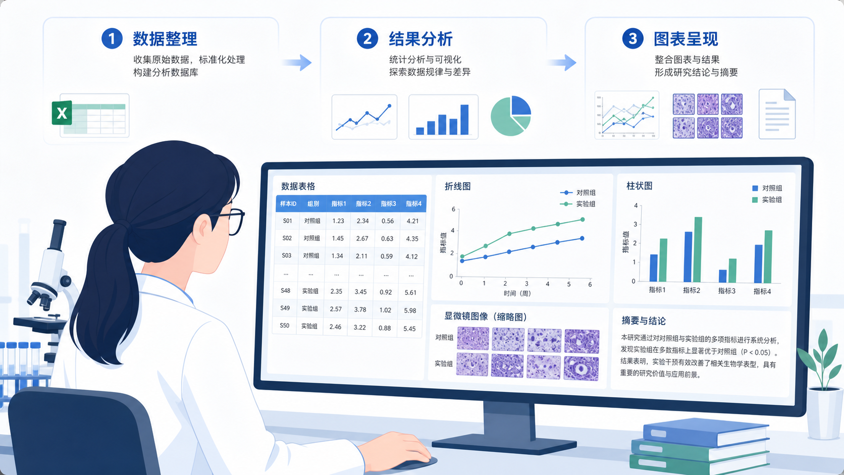 科研人员在电脑前整理多组实验数据,旁边有图表、显微镜图像和论文段落,突出“数据整理到结果呈现”的转变