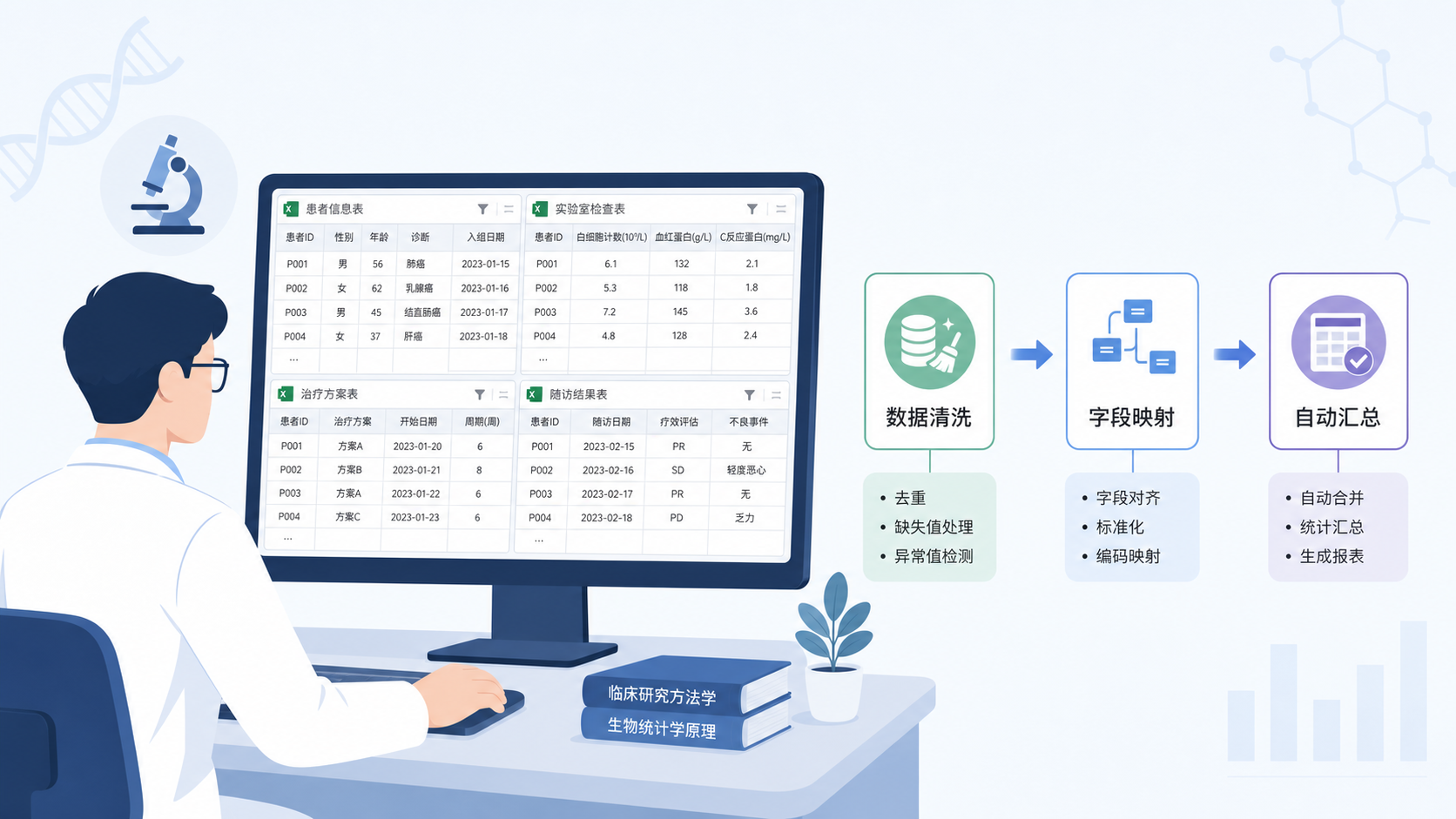 一位科研人员在电脑前同时查看多张Excel表格，旁边有数据清洗、字段映射、自动汇总的流程示意图，画面风格专业简洁。