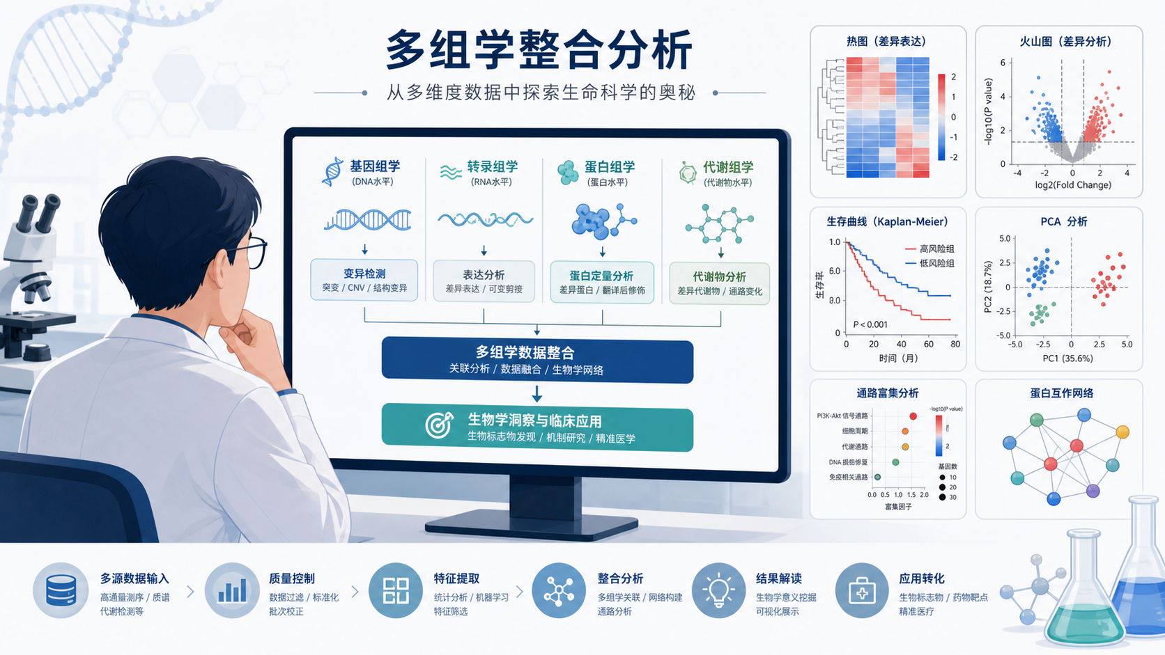 科研人员在电脑前查看多组组学数据流程图,旁边展示热图、火山图、生存曲线等生物医学图表示意。