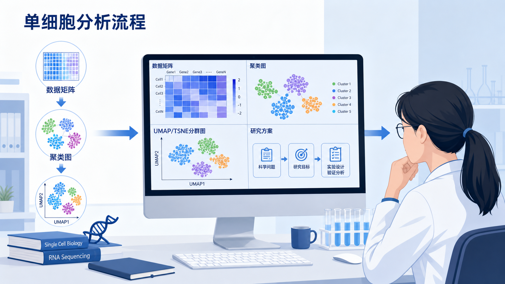 科研人员在电脑前查看单细胞分析流程图,旁边展示数据矩阵、聚类图和研究方案框架,强调从分析到研究设计的转化。