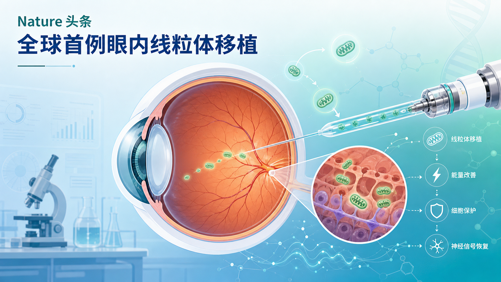 2026年8月27日资讯，国际顶刊《自然》（Nature）官网头条报道了全球首例眼内线粒体移植治疗双眼失明的个案；8 月 27 日，这一突破性尝试进一步引发多方媒体报道。美国西奈山伊坎医学院、波士顿儿童医院与华盛顿大学的研究团队，将一名 26 岁失明女性腿部肌肉中提取的健康线粒体注入其双眼玻璃体腔，结果显示操作安全、无炎症反应，瞳孔短暂恢复对光反射，但视力未获实质改善。这一"世界首次"为再生医学开辟了新方向。