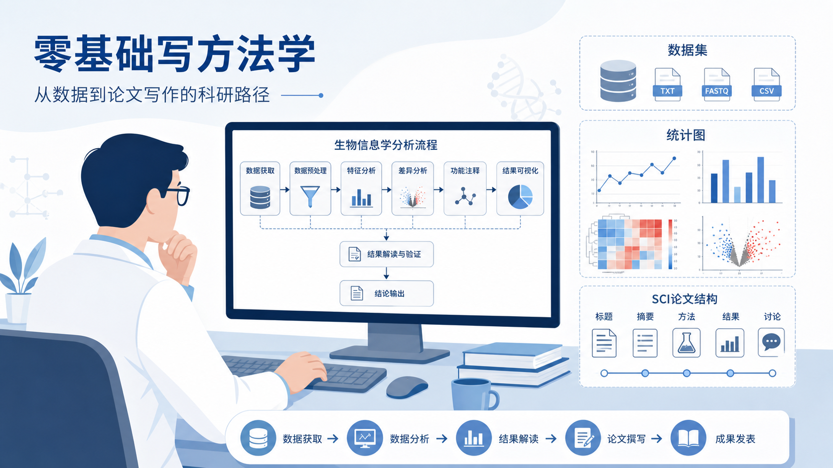 一位临床医生在电脑前查看生信流程图,旁边有数据集、统计图和SCI论文结构示意图,突出“零基础写方法学论文”的困境与解决路径。