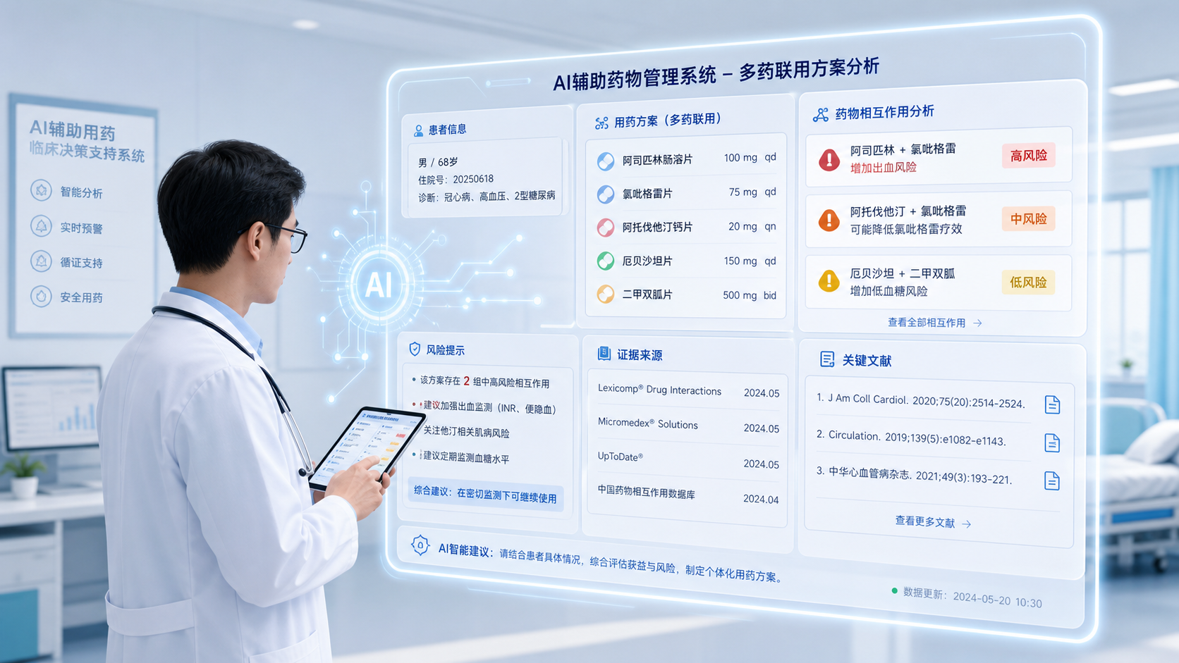 临床医生在病房或门诊使用AI系统查看多药联用方案,界面中显示药物相互作用风险提示和证据来源