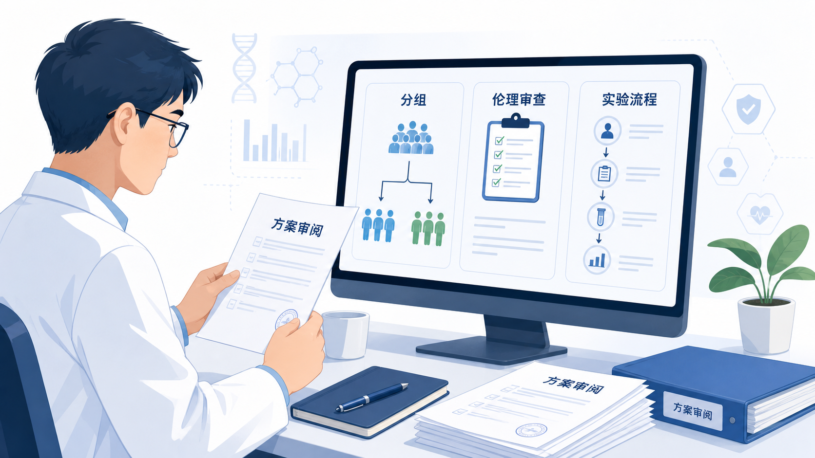 医学生或研究者在电脑前审阅临床试验方案，屏幕上显示分组、伦理审查和实验流程图，桌面有伦理申请文件和统计分析表