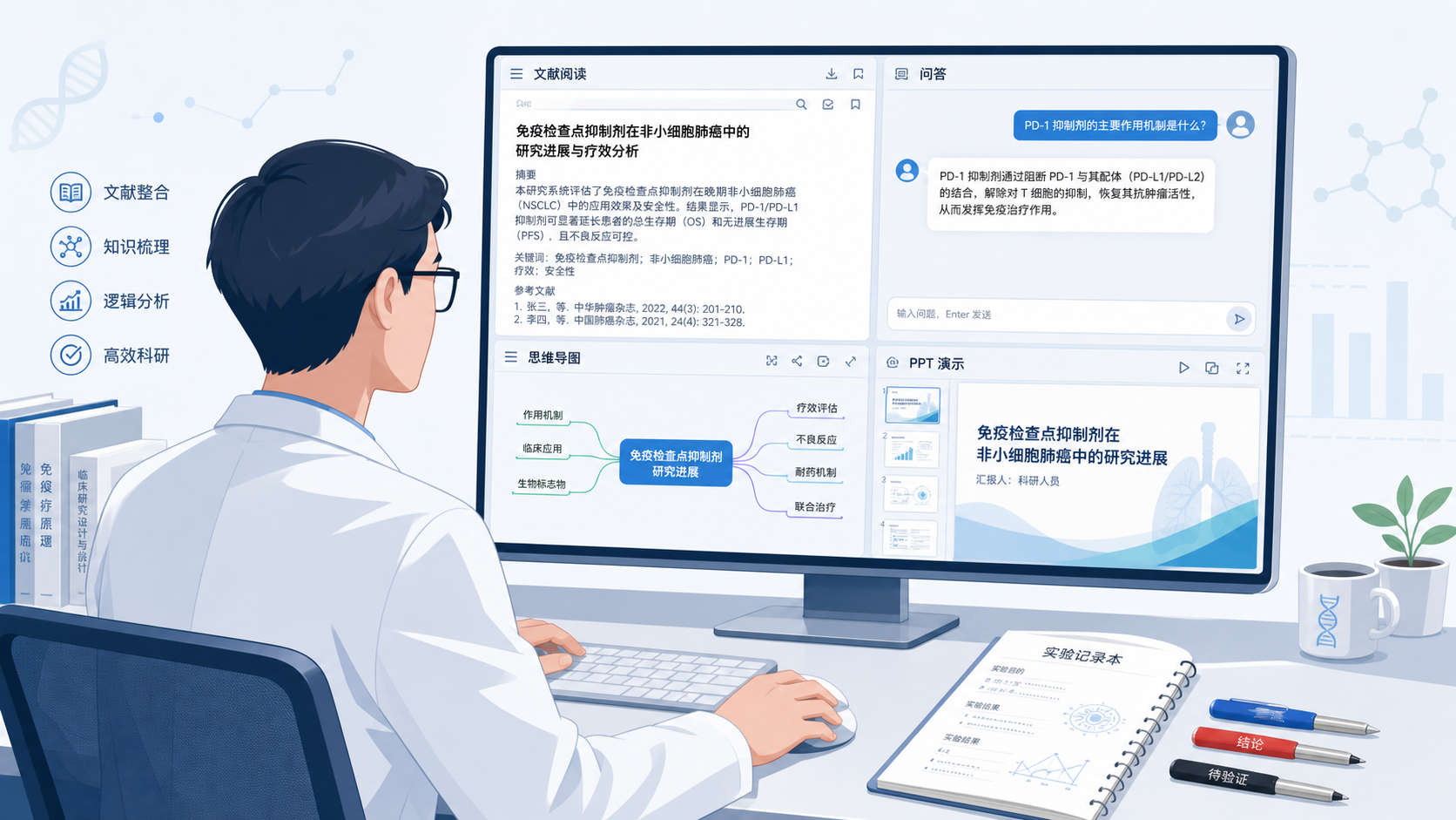 一位科研人员在电脑前同时打开文献、问答窗口、思维导图和PPT界面，旁边有实验记录本和标注笔，突出AI辅助科研工作流