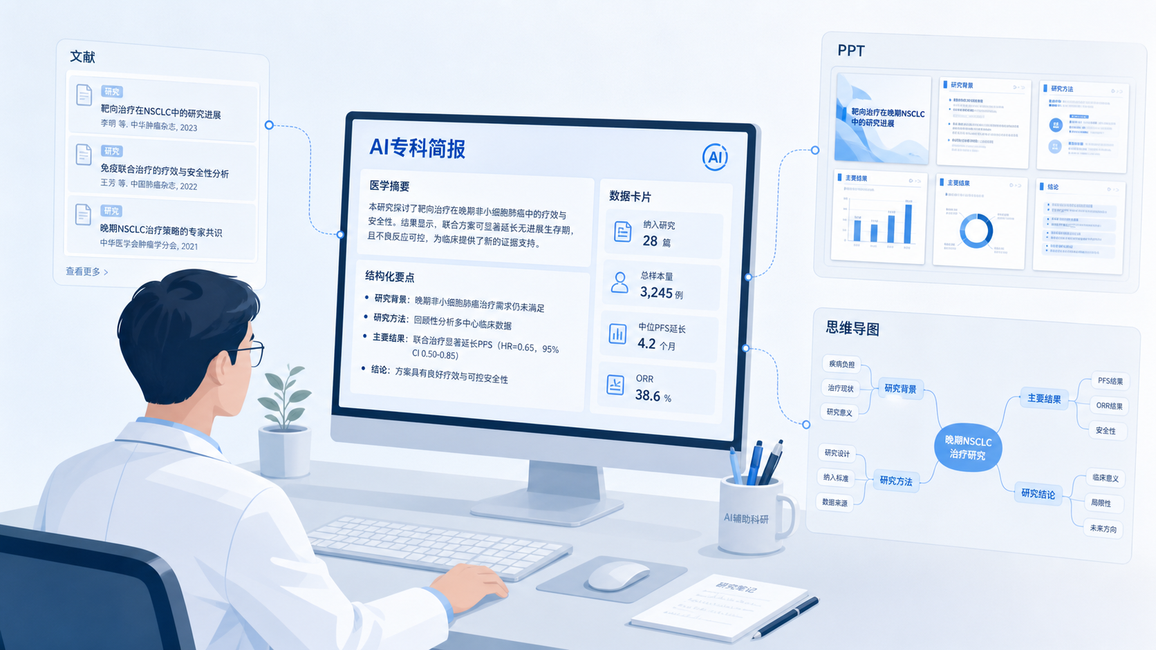 一位医生在电脑前查看AI生成的专科简报页面，旁边展示文献、PPT和思维导图元素