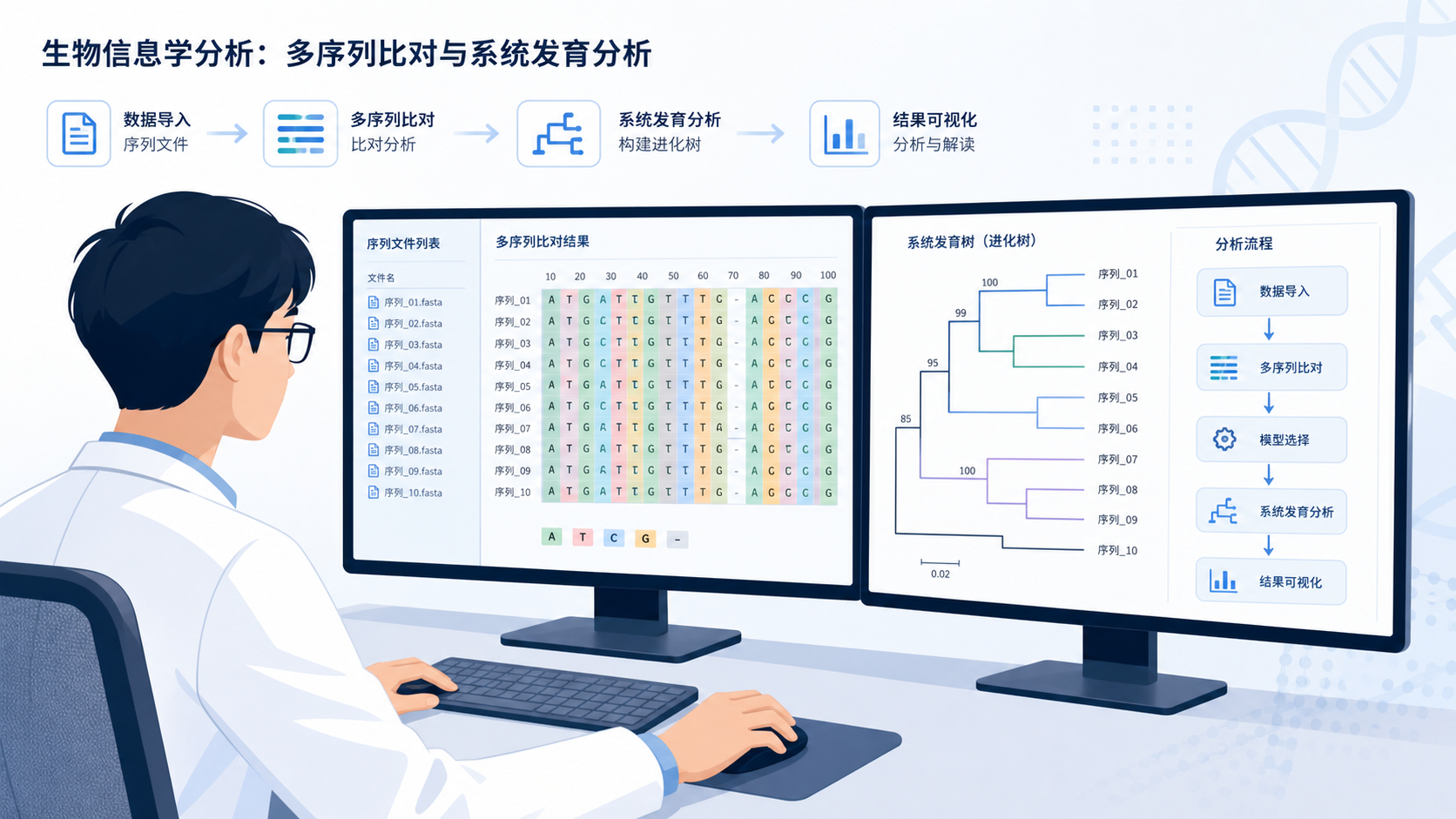 科研人员在电脑前处理多序列比对和系统发育树结果,屏幕上显示序列文件、树状图和分析流程图