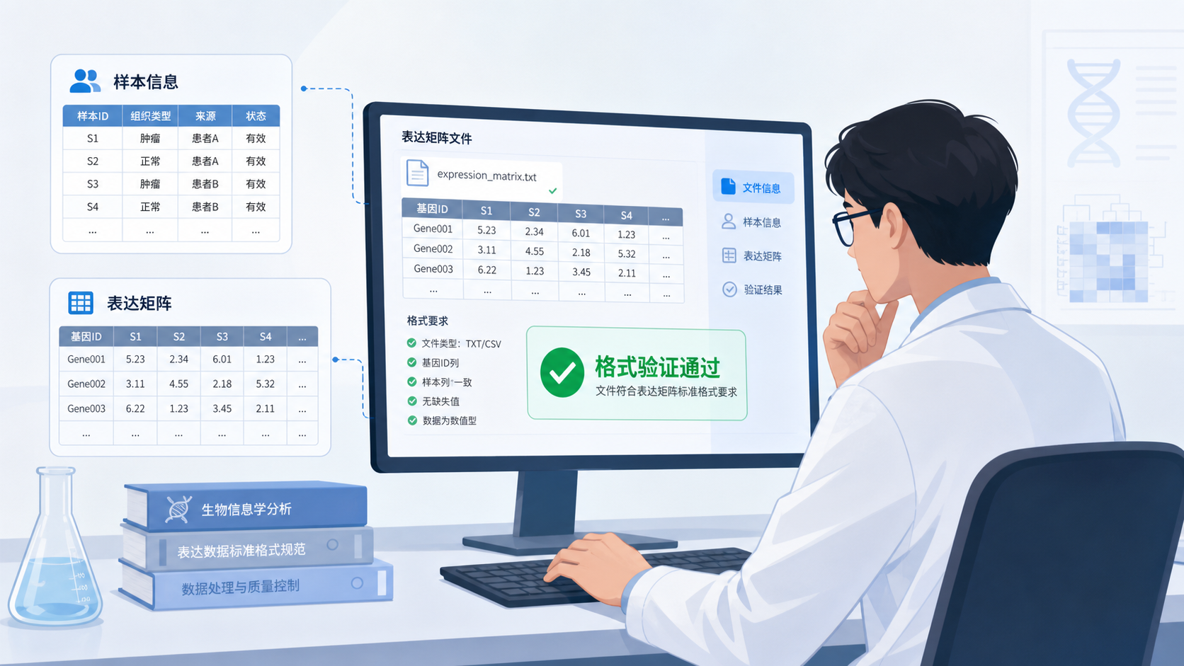 科研人员在电脑前检查表达矩阵文件格式,旁边显示样本信息表和系统验证通过的绿色提示界面。